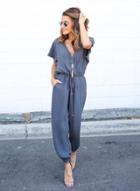 Oasap Solid Color V Neck Short Sleeve Jumpsuit