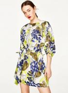 Oasap Casual 3/4 Sleeve Floral Printed Dress With Belt