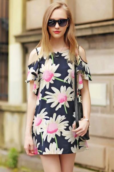 Oasap Floral Print Off Shoulder Mini Dress