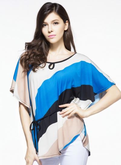 Oasap Plus Size Batwing Sleeve Color Block Tee With Belt