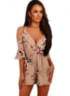 Oasap Floral Ruffle Wrap Cold Shoulder Playsuit