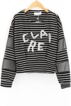 Oasap Sweet Mesh-insert Striped Cropped Sweatshirt