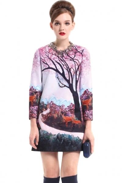 Oasap Pink Tree Painting Print Long Sleeves Shift Dress