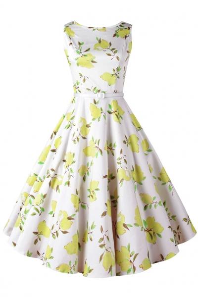 Oasap Lemon Floral Sleeveless Swing Dress