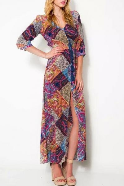 Oasap Bohemia Print Button Front Deep V Maxi Dress