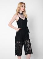 Oasap Spaghetti Strap V Neck Lace Jumpsuit With Belt