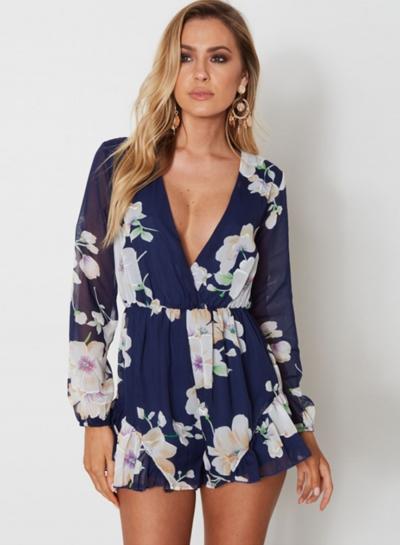 Oasap Long Sleeve Deep V Neck Floral Print Romper