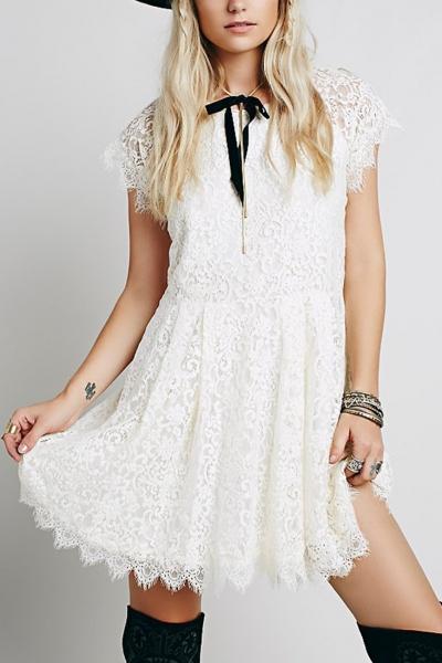 Oasap Chic Floral Lace Scalloped Frayed Scoop Back Trapeze Dress
