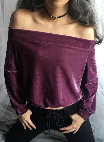 Oasap Off Shoulder Long Sleeve Velvet Tee
