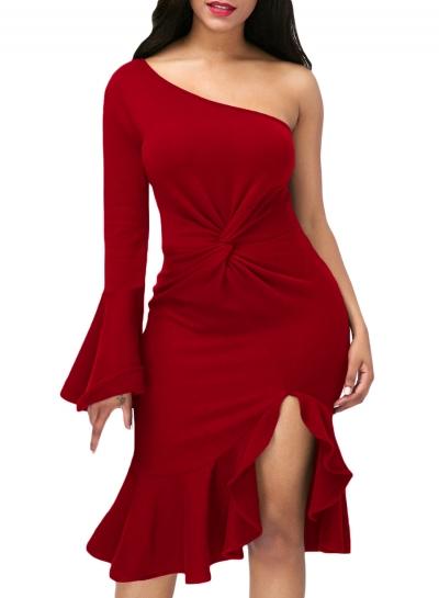 Oasap Red Twist Ruffle Accent One Shoulder Prom Dress