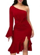 Oasap Red Twist Ruffle Accent One Shoulder Prom Dress