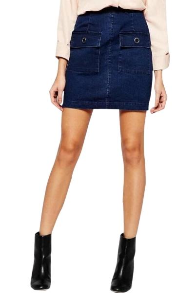 Oasap Women Vintage High Waist Flap Pocket Denim Skirt