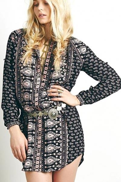 Oasap Vintage National Wind Printing Shirt Dress