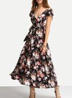 Oasap S V Neck Short Sleeve Floral Back Lace-up Maxi Dress