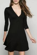 Oasap Deep V Three Quarter Sleeve Trapeze Dress