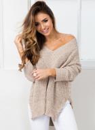 Oasap V Neck Long Sleeve Solid Color Slit Knit Sweater