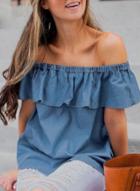 Oasap Summer Solid Loose Slash Neck Off The Shoulder Women Denim Blouse
