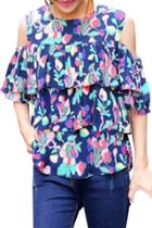 Oasap Women Stylish Floral Print Open Shoulder Layered Flounce Blouse