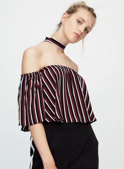 Oasap Halter Slash Neck Off Shoulder Striped Blouse