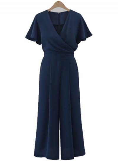 Oasap V Neck Short Sleeve High Waist Wide Leg Jumpsuit
