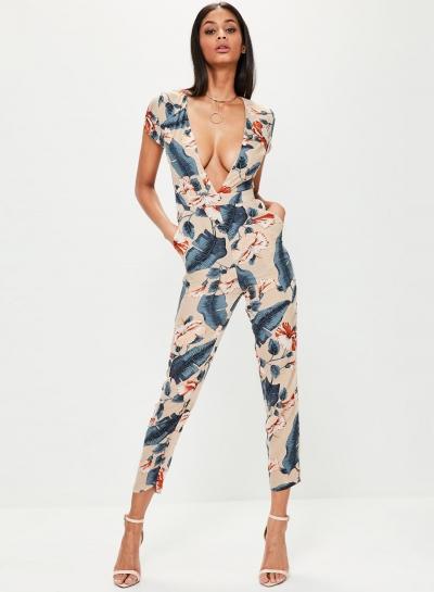 Oasap Deep V Neck Short Sleeve Floral Printed Jumpsuit