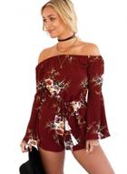 Oasap Off Shoulder Flare Sleeve Floral Printed Romper