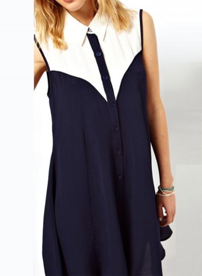 Oasap Turn-down Collar Color Block Sleeveless Dress