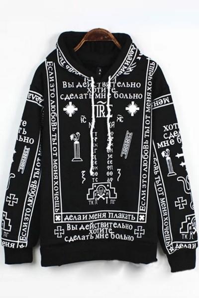 Oasap Mysterious Symbol Print Fleece Hoodie