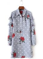 Oasap Turn Down Collar Long Sleeve Floral Printed Flounce Hem Dress