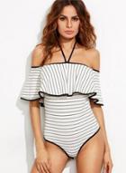 Oasap Halter Neck Flounce Hem Striped One Piece Swimwear