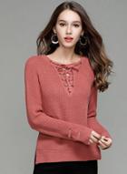 Oasap Solid Lace Up Front Side Slit Pullover Sweater