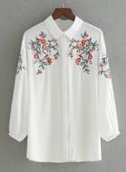 Oasap Turn Down Collar Long Sleeve Floral Embroidery Shirt