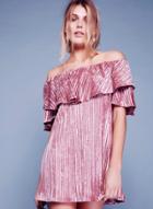 Oasap Off The Shoulder Short Sleeve Ruffled Velvet Dress