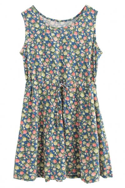 Oasap Favorite Floral Print Sleeveless Drawstring Mini Dress
