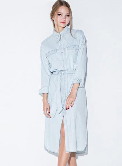 Oasap Women's Tie Waist Wash Denim Shirt Dress