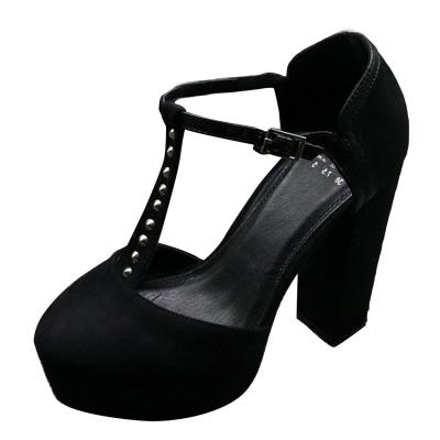 Oasap Rivet T-strap Round Toe Block Heels Shoes