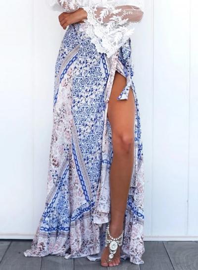 Oasap Bohemian High Waist Print High Slit Maxi Skirt