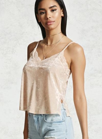 Oasap Spaghetti Strap V Neck Lace Velvet Tank