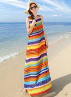 Oasap Boho Sleeveless Colored Stripes Print Maxi Dress