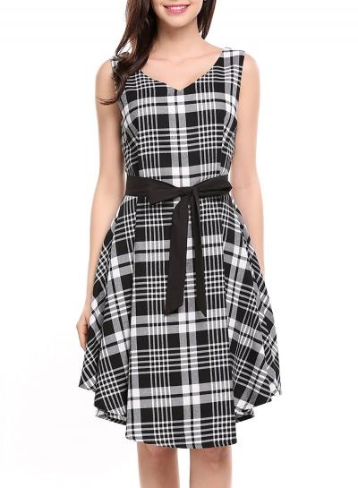 Oasap V Neck Sleeveless Plaid Dress With Belt