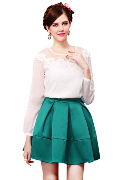 Oasap Sweet Floral Beading Sheer Solid White Blouse