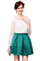 Oasap Sweet Floral Beading Sheer Solid White Blouse