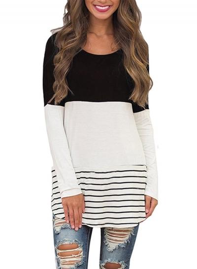 Oasap Casual Long Sleeve Stripe Color Block Tee