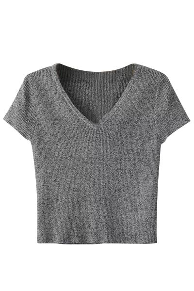 Oasap Simple V Neck Short Sleeve Ribbed Knit Crop Top