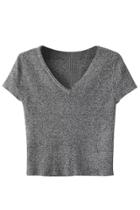 Oasap Simple V Neck Short Sleeve Ribbed Knit Crop Top