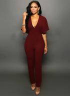 Oasap Solid V Neck Ruffle Sleeve Backless Jumpsuit