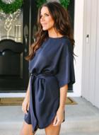 Oasap Round Neck Half Sleeve Solid Color Dress With Belt