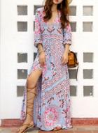 Oasap Fashion V Neck Long Sleeve Slit Floral Beach Maxi Dress