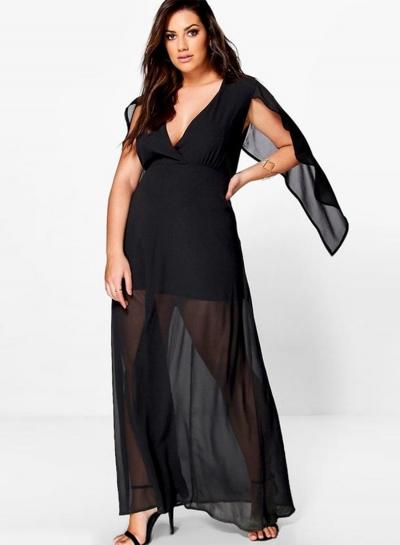 Oasap Plus Size V Neck Solid Maxi Evening Dress