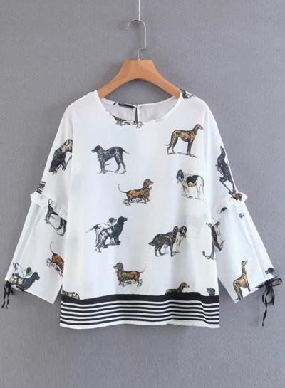Oasap Round Neck Long Sleeve Animal Printed Blouse